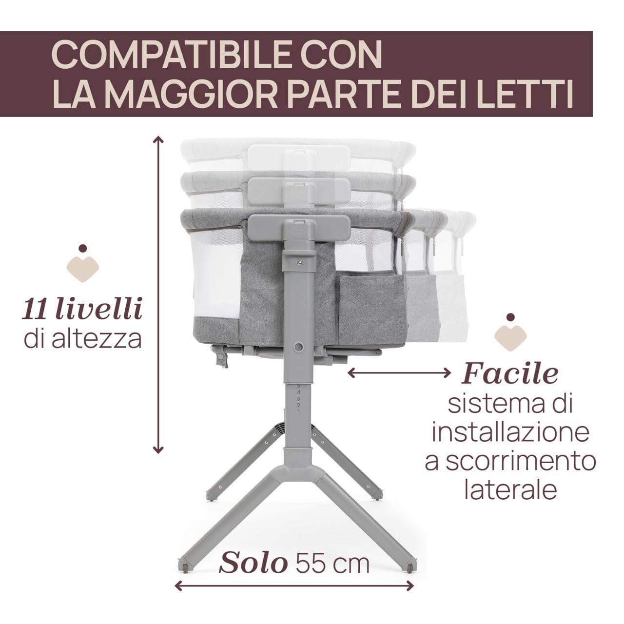 Chicco Next2Me Armonia, Culla Neonato Fianco Letto, Spondina Apribile, 11 Livelli di Altezza, Altezza Regolabile da 66 fino a 83 cm, 4 Ruote, Ottima Circolazione dell’Aria, Grigio