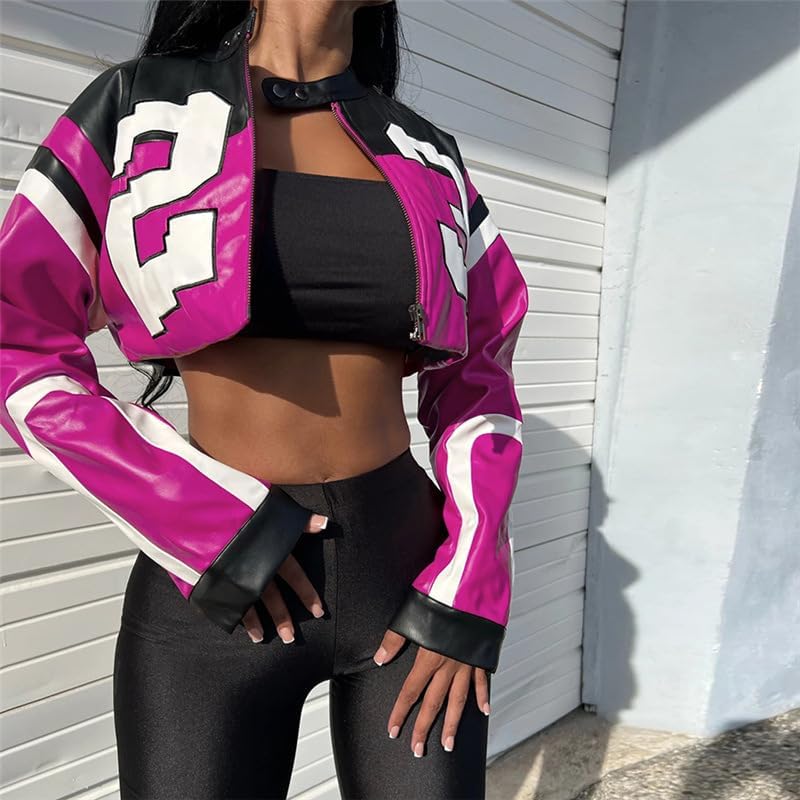 VOIKERDR Leather Jacket Cropped Jacket Motorcycle Jacket Y2K Letter Bomber Jacket Women Faux Leather Jacket Streetwear - Image 2