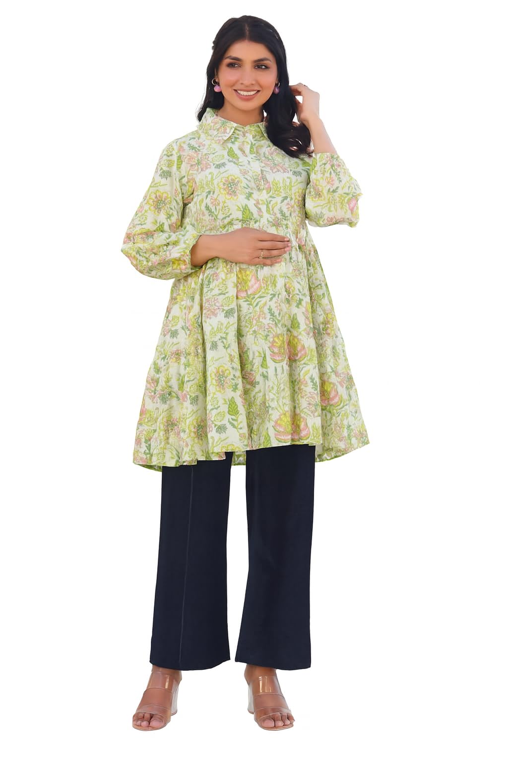 Cotton Floral Print Tunic for Women, Long Sleeve Collared Maternity Top with Gathered Waist, Green and Pink-image-44