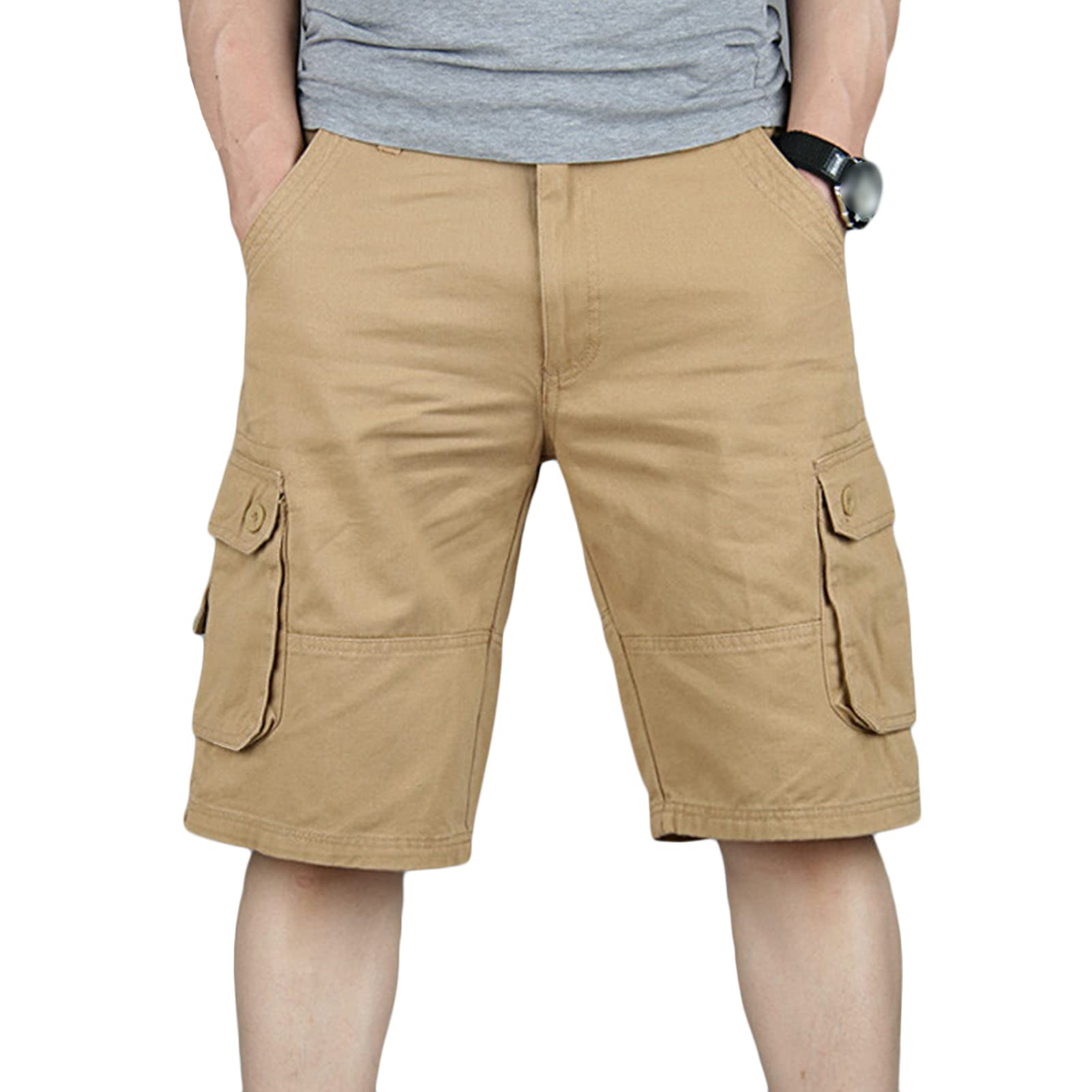 Maiyifu-GJ Men's Slim Fit Cotton Casual Cargo Shorts Lightweight Multi Pocket Shorts Outdoor Tactical Hiking Short Pants (Yellow,29)