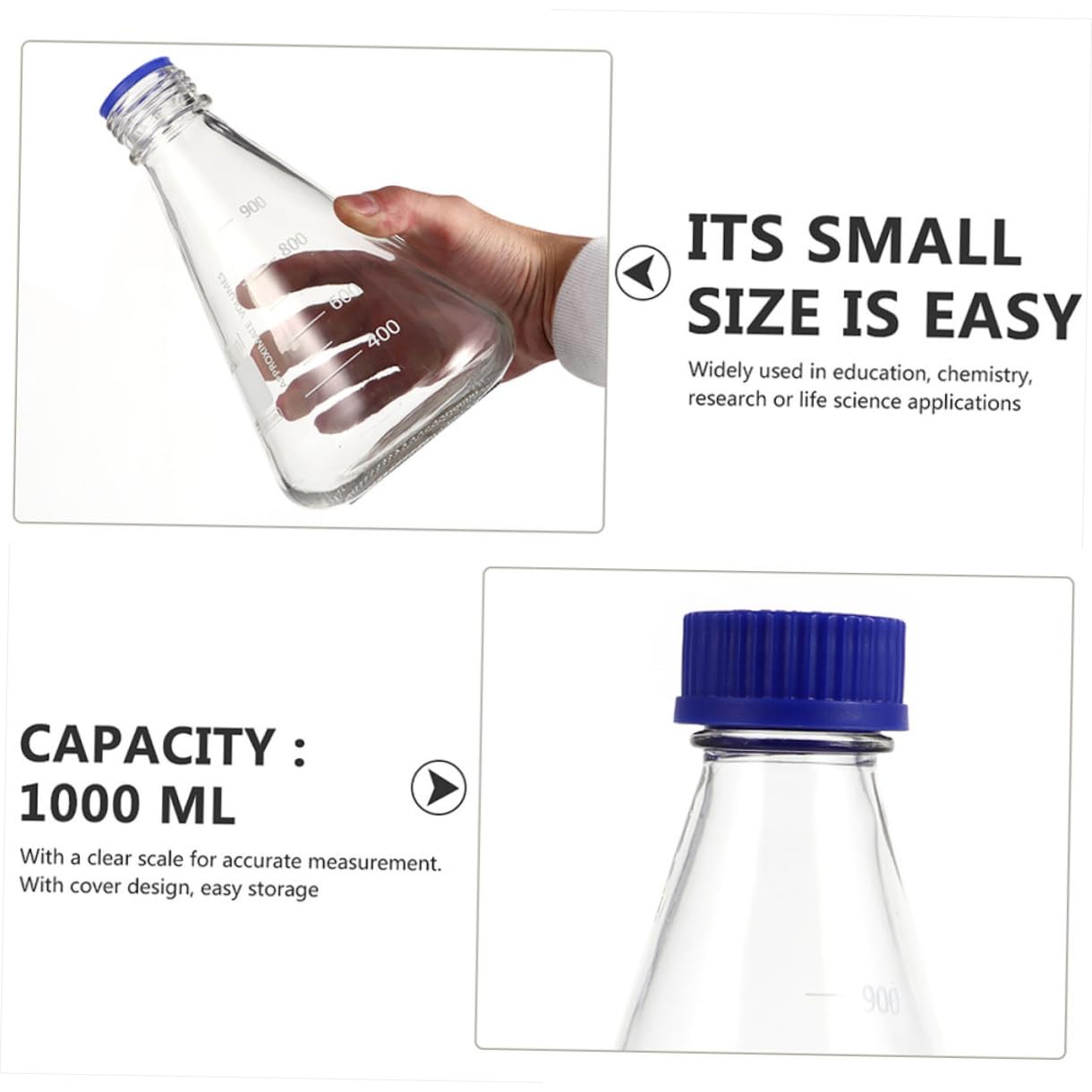 Bottiglie Coniche Reagenti in Vetro 1000ml Scala, 2 Pezzi | Laboratorio e Lezioni di Chimica, Forma Triangolare, Base Solida, Lettura Precisa del Contenuto