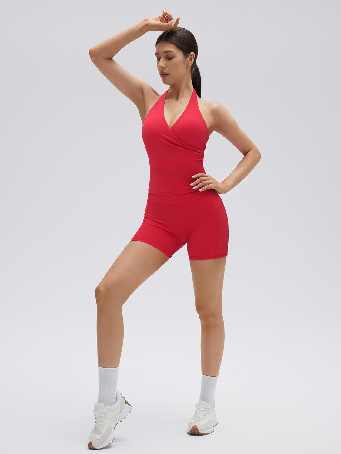 SUUKSESS Women 2 Piece Halter Open Back Workout Sets Padded Tank Top High Waisted Tummy Control Biker Shorts with Pockets - Image 5