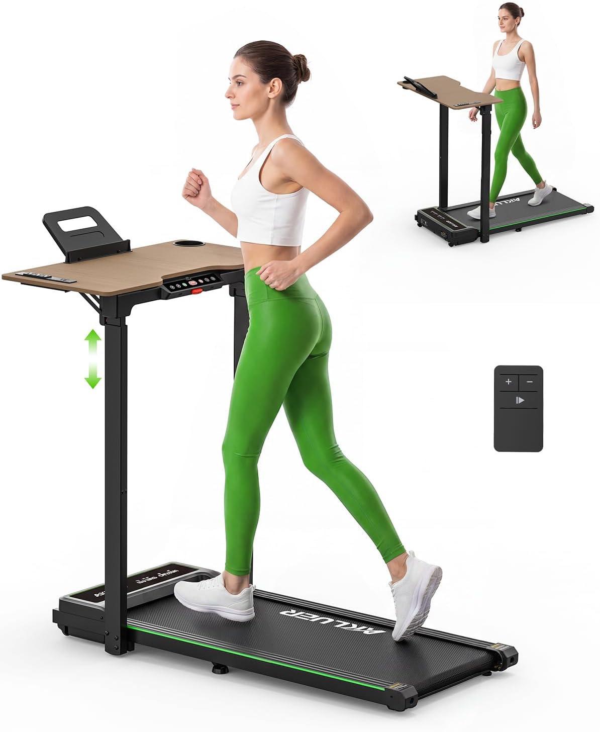 Akluer Walking Pad Treadmill with Desk Workstation, Treadmills with Wooden Desk Adjustable Height for Home Office, 330lbs Capacity, 2.5HP,45dB Silent, Foldable Treadmill with Remote Control