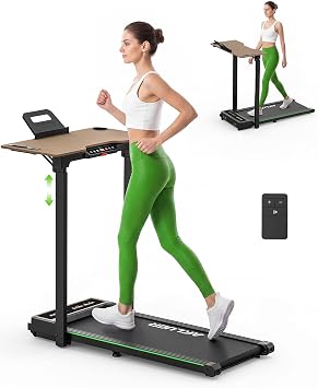 Walking Pad Treadmill with Desk Workstation, Treadmills with Wooden Desk Adjustable Height for Home Office, 330lbs Capacity, 2.5HP,45dB Silent, Foldable Treadmill with Remote Control