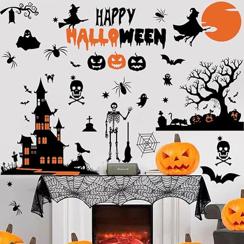 Miniatura 3 de Calcomanías de pared de bruja de Halloween, luna de Halloween, murciélagos, brujas, murciélagos, arañas, farol, calabaza, gato, Halloween, ventana,