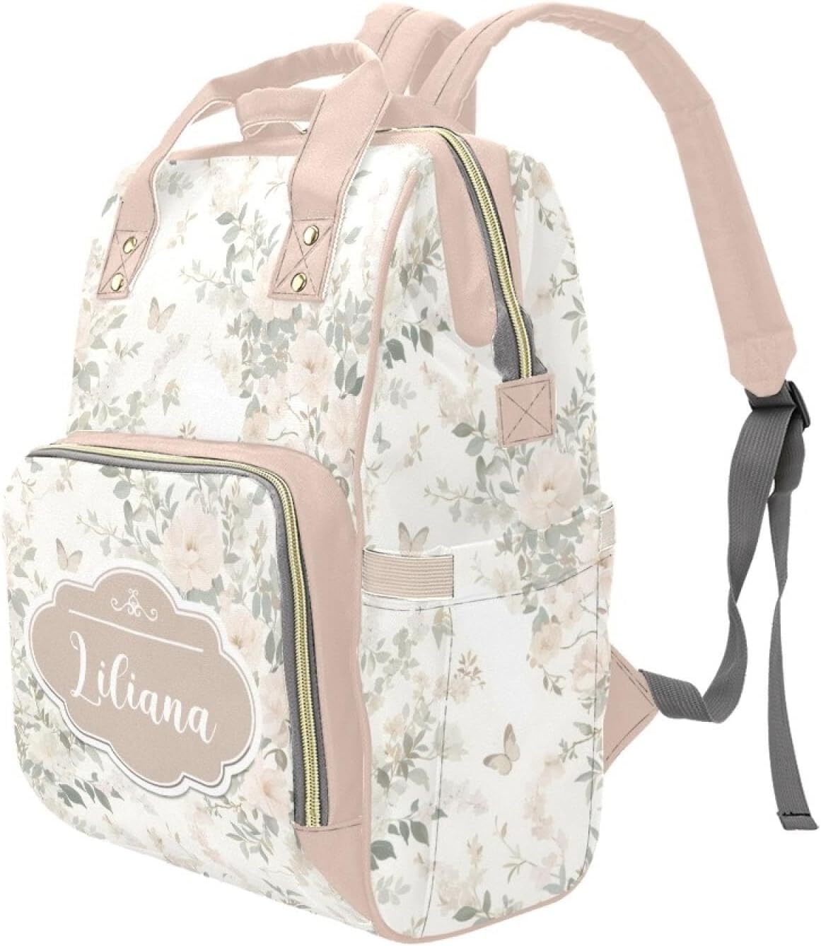 Floral Personalized Baby Diaper Bag – Custom Name Waterproof Nappy Backpack with Multi Compartments – Stylish Gift for Mom, Dad, Baby Shower & Outdoor Travel