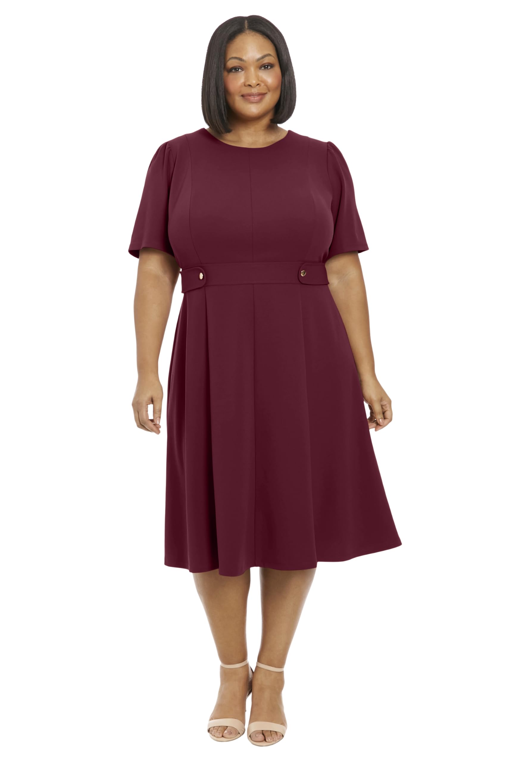 London Times Women's Knit Eyelet Short Sleeve Crepe Inset Waist Midi with Button Detail