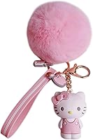 PaPiJoJo Kawaii Pom Pom Fuzzy Keychain for Girls - Cute Rabbit Fur Ball Wristlet Cartoon Pendant