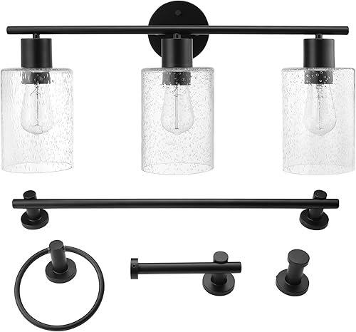 Miniatura 6 de Globe Electric 51851 Bristol - Juego de baño todo en uno de 5 piezas, negro mate, lámpara de tocador de 3 luces con pantallas de vidrio semillado,