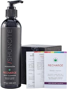 Modern OM Shungite Recharge Organic Cleanser Body Wash with Living Water Kit for Natural Water Purification | Authentic Elite Shungite | Vegan, Non GMO, Not Tested on Animals, Handmade in USA