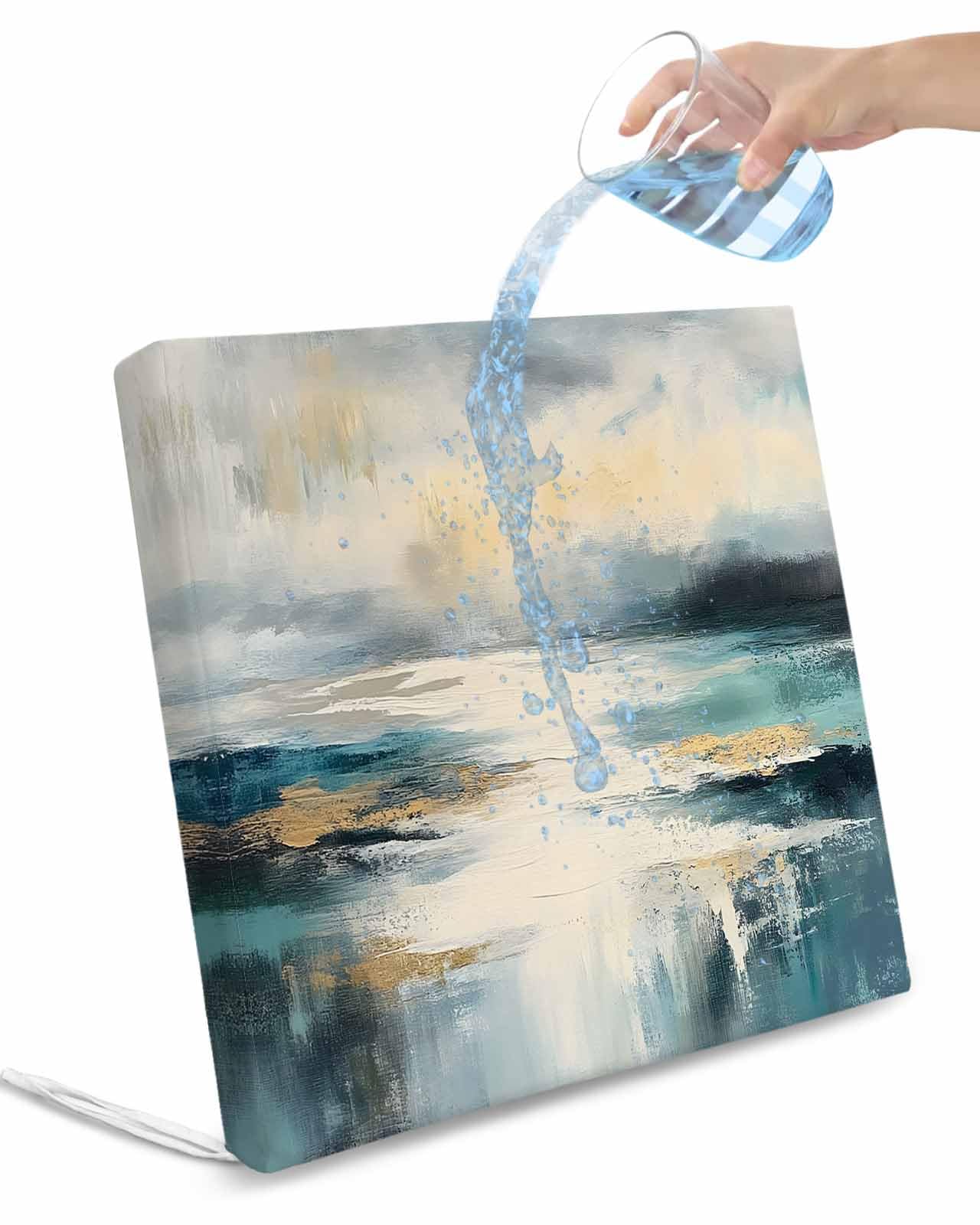 2 Pack Abstract Turquoise Gold Waterproof Cushion Covers with Ties, Outdoor Patio Chaise Lounge Chair Seat Cushion Slip Covers Replacement(Only Cover) Modern Oil Painting Ocean 22