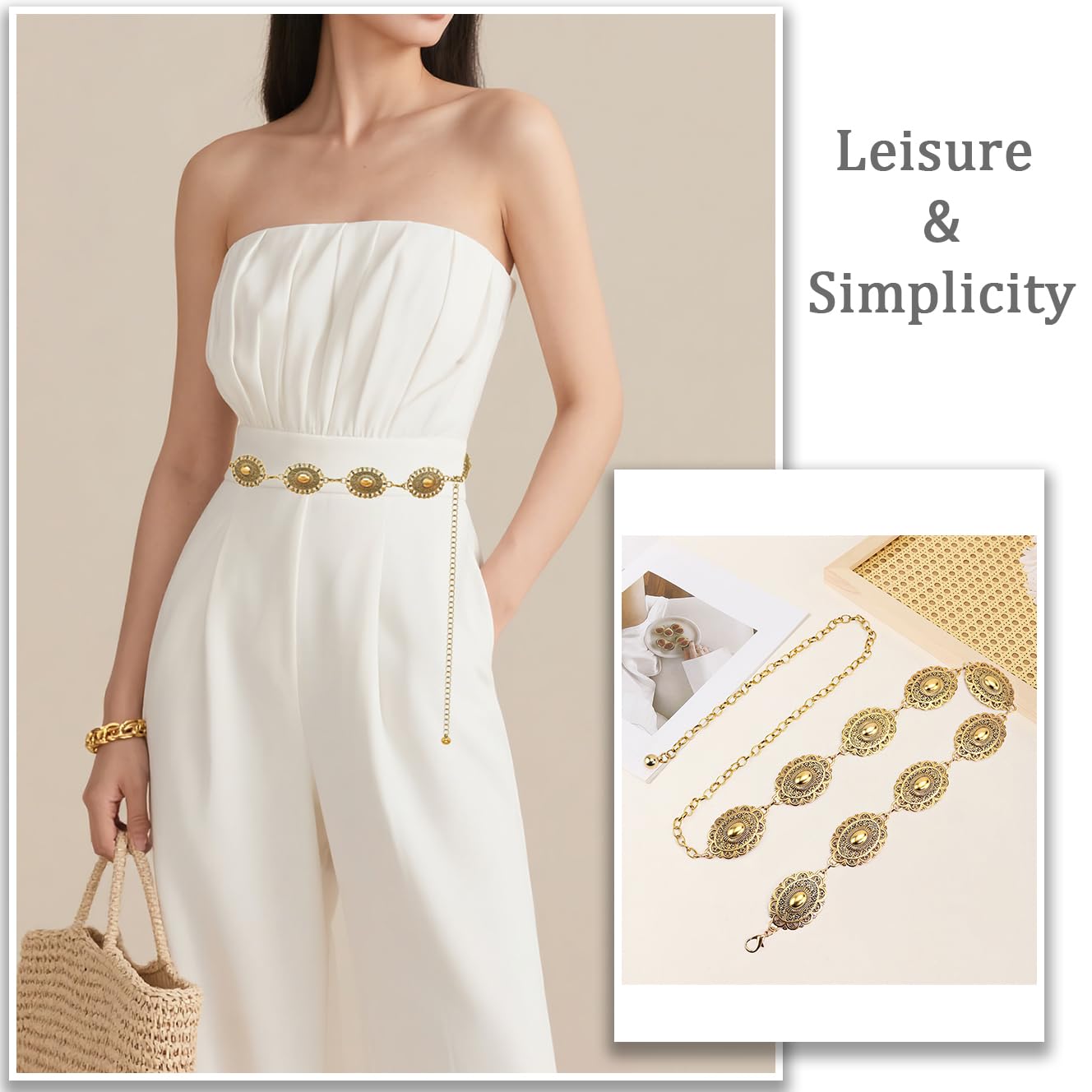 Western Concho Chain Belt for Women Boho Metal Belts For Country Concert Dresses Jeans Cowgirl Vintage Waist Belt