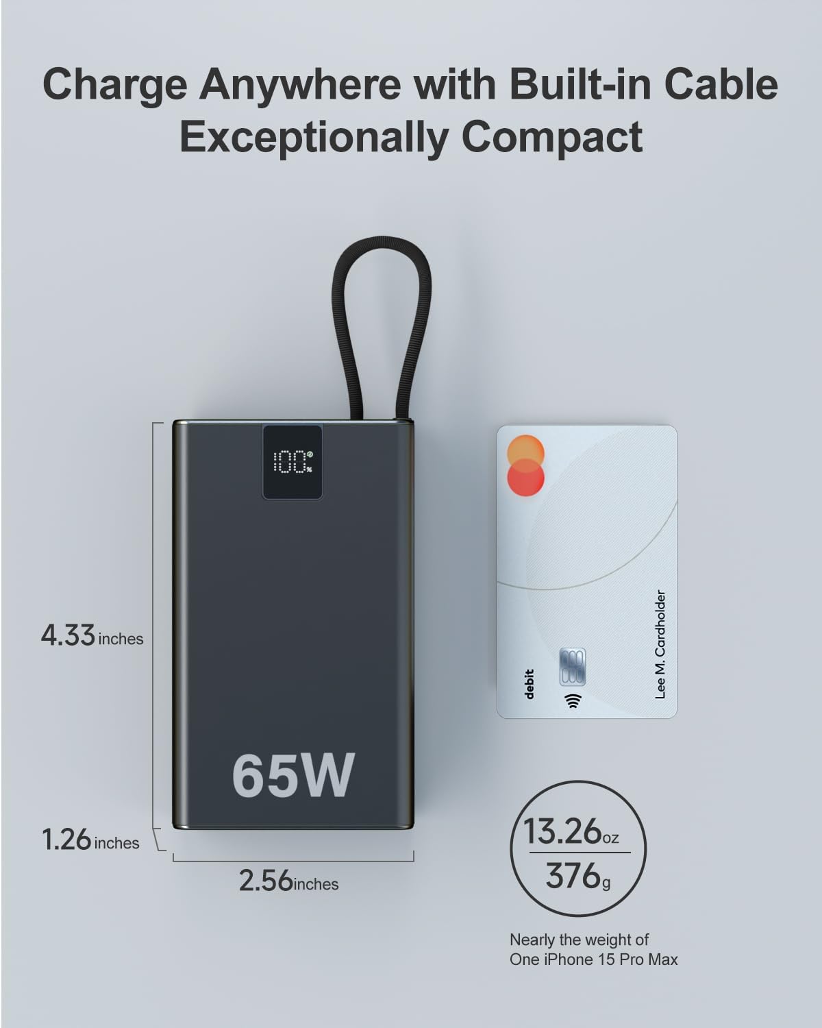 65W Power Bank 27000mAh TSA Approved, USB C Metal Laptop Charger Built-in Cable|Total 130W 3 Ports Fast Charging for MacBook,Steam Deck,iPad Pro|Airplane Safe Battery Pack for Travel,College Students - Image 8