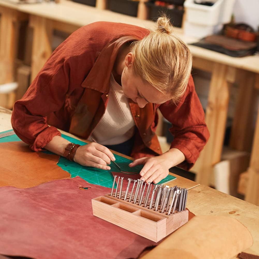 Leather Working Tool Holder, Improved 98 Holes & 3 Slot Leather Crafts Tool Organizer Stamping Punch Tool Storage, Beech Wood Tool Rack.