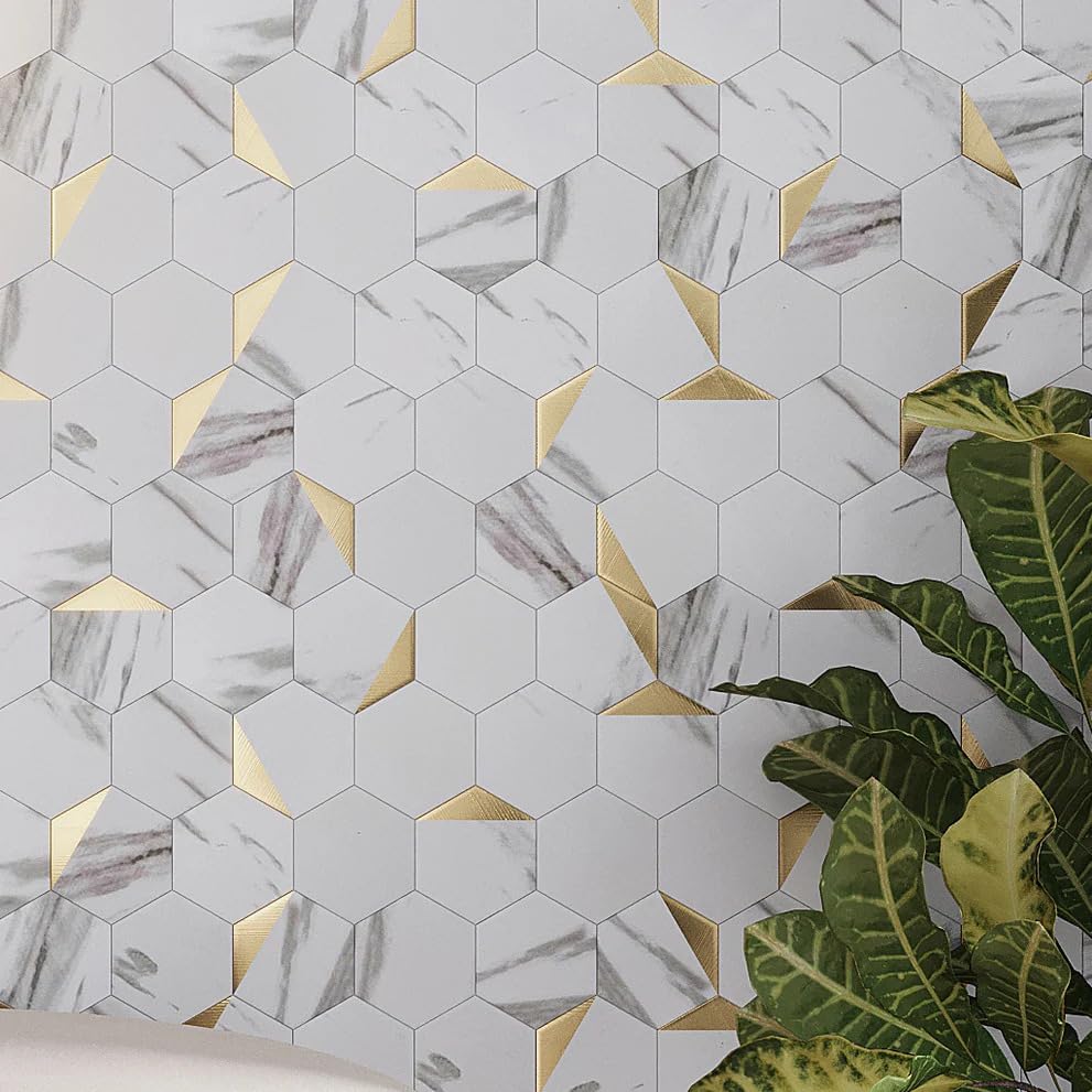 Miniatura 2 de Azulejo de pared para salpicaduras de pelar y pegar. 10 láminas autoadhesivas de mármol sintético hexagonal blanco y dorado de 11.6 x 11.5 pulgadas,