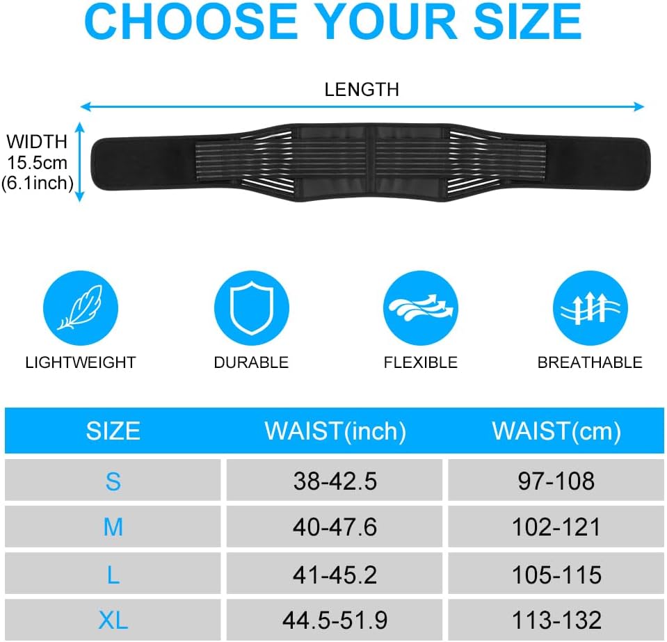 ACWOO Back Support Belt Sizing Chart with waist measurements in inches and centimeters