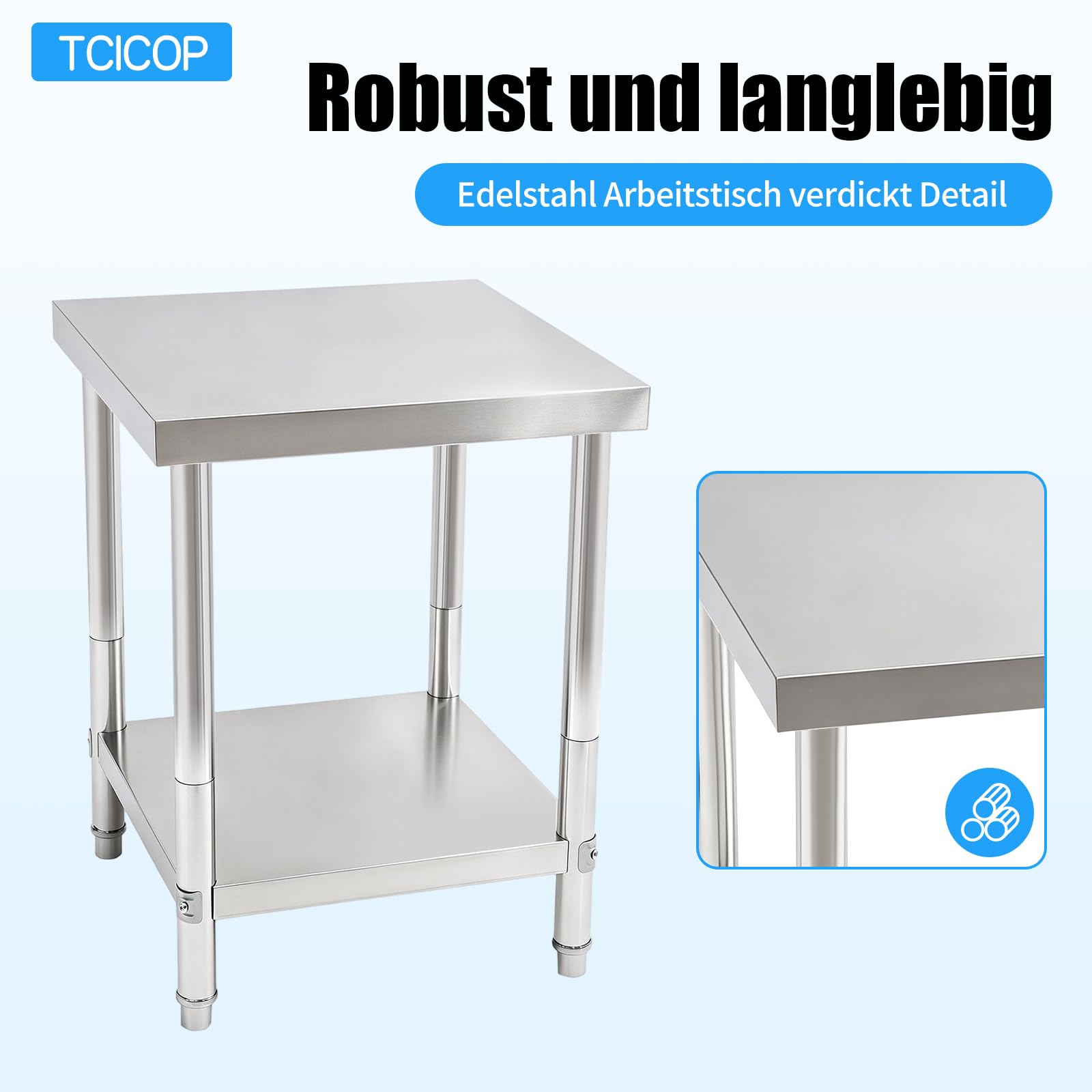 Mesa de trabajo de acero inoxidable, 60 x 60 x 80 cm, mesa de acero inoxidable, capacidad de carga de 400 kg, mesa de trabajo con suela ajustable para cocina, mesa de metal, adecuada para