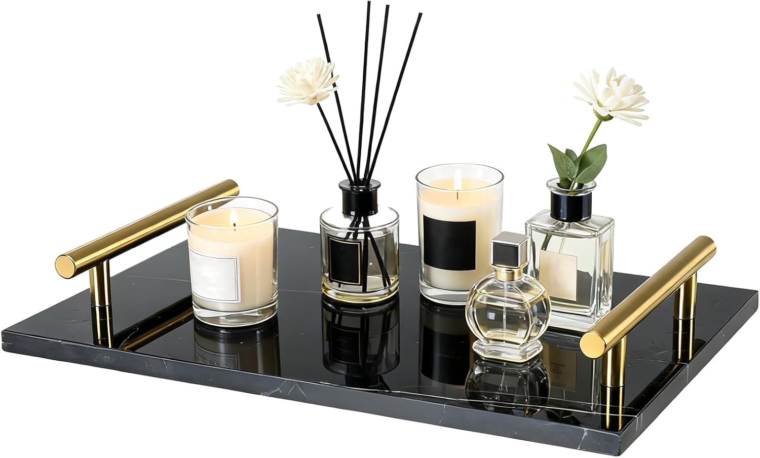 Marble Tray, 11.8” x 7.9” Real Natural Marble Stone Tray with Copper-Color Metal Handles, Bathroom Tray Countertop, Aroma, Vanity, Perfume Tray Marble Board Kitchen (Midnight Black)