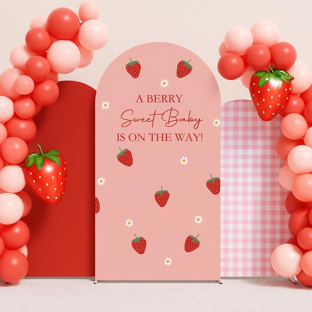 Set of 3 Arch Backdrop Cover Strawberry Pink Plaids Spandex Arch Covers for Girls Berry 1st Birthday Party Baby Shower Gender Reveal Decors (4FT 5FT 6FT,4749)