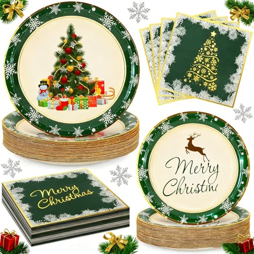 Christmas Paper Plates and Napkins for 50 Guests, 9’’ Disposable Plates, 7’’ Dessert Plates with Gold Xmas Tree Snowflakes, 200Pcs Christmas Party Supplies Tableware Set Winter Party Decorations