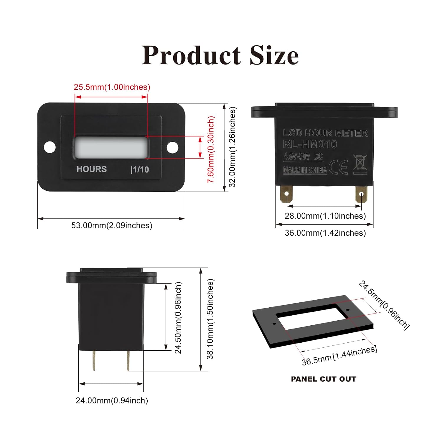 Jayron Rectangular LCD Digital Hour Meter DC 4.5-90V Resettable No Battery Required,for Small Engine Quad Bike Motorcycle Lawn Mower Snowmobile Motocross Chainsaw