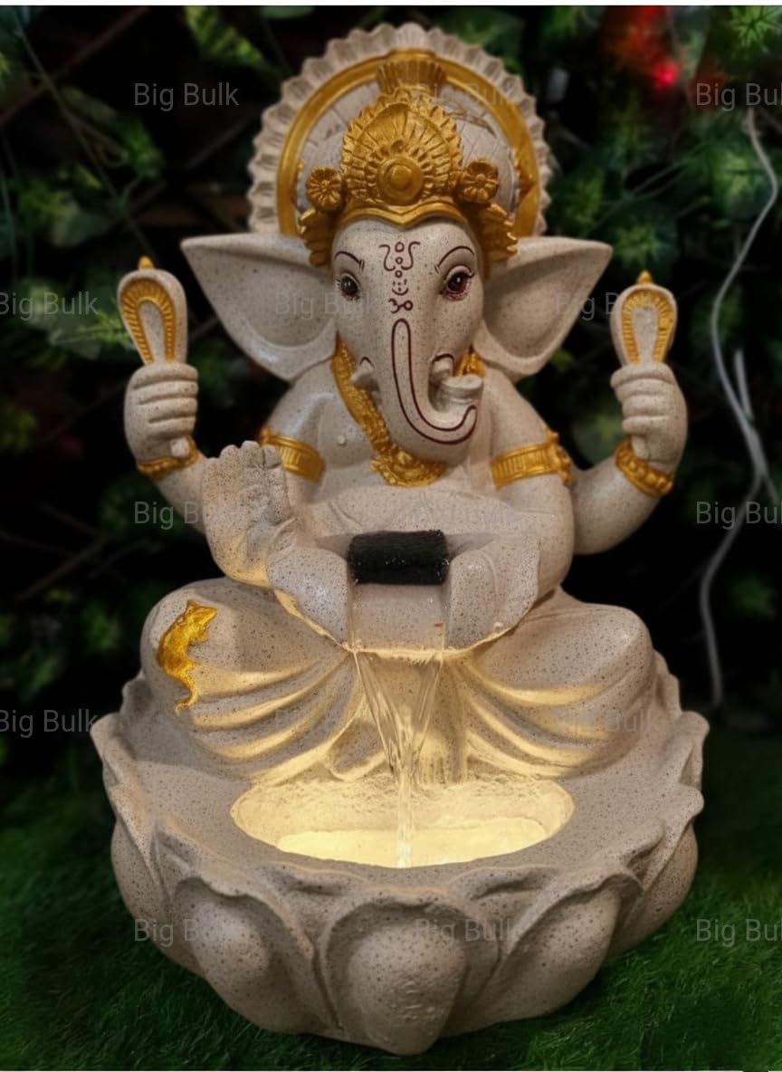 Kamal/Lotus Ganesh Gannpati Fiber Indoor Outdoor Fountain with Led Lights for Home Decor and Office Decoration Or Gifting (Lotus Ganesh Beige Small)