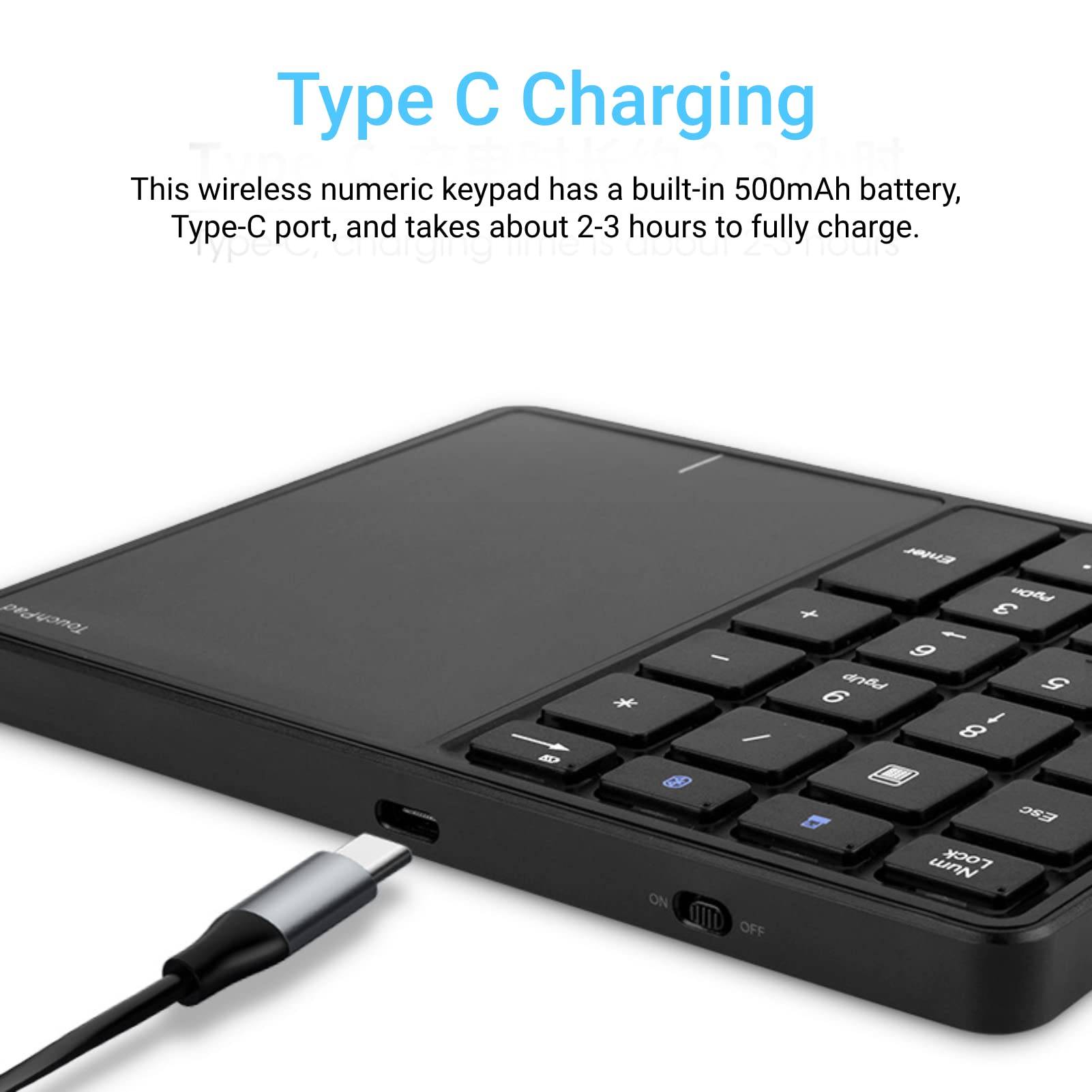 Yunseity Tastierino Numerico Wireless 2.4G con Touchpad, Tastierino Numerico Portatile Bluetooth a 22 Tasti, Tastiera Numerica Ricaricabile USB C per Contabilità Finanziaria(Nero)
