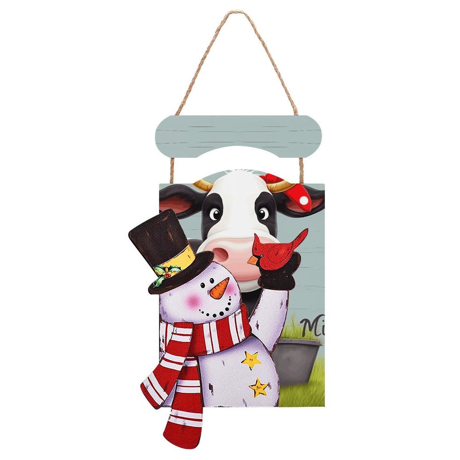 Cute Cow Snowman Sign Wooden Hanging Door Sign Christmas Door Decor Christmas Snowman Wooden Hanging Sign Wall Art for Indoor Outdoor Porch Wall