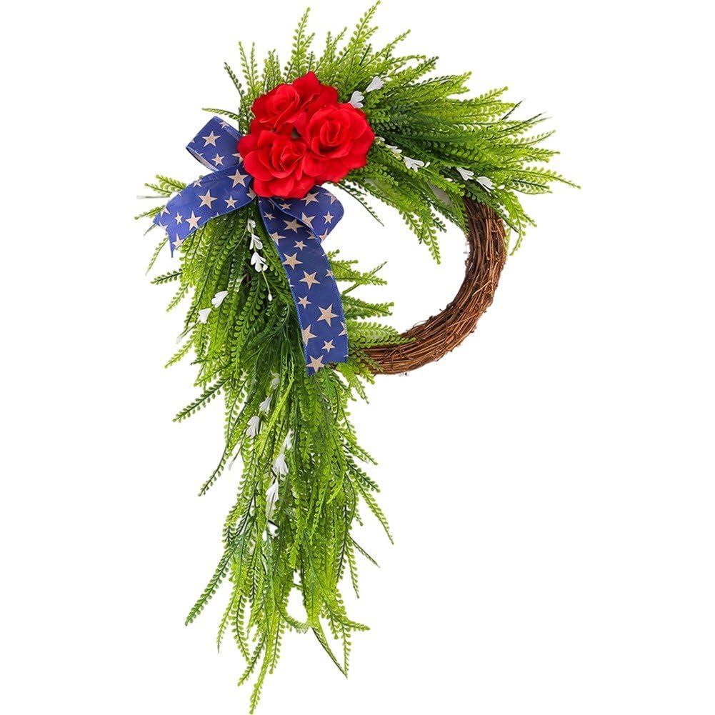 Hrippy Flower 4th of July Wreath, Hydrangea Rose Hanging Garland for Independence Day Front Door Decor