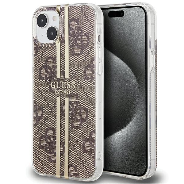 Guess GUHCP15MH4PSEGW Coque pour iPhone 15 Plus / 14 Plus 6,7 Pouces Marron Coque Rigide IML 4G Rayure dorée