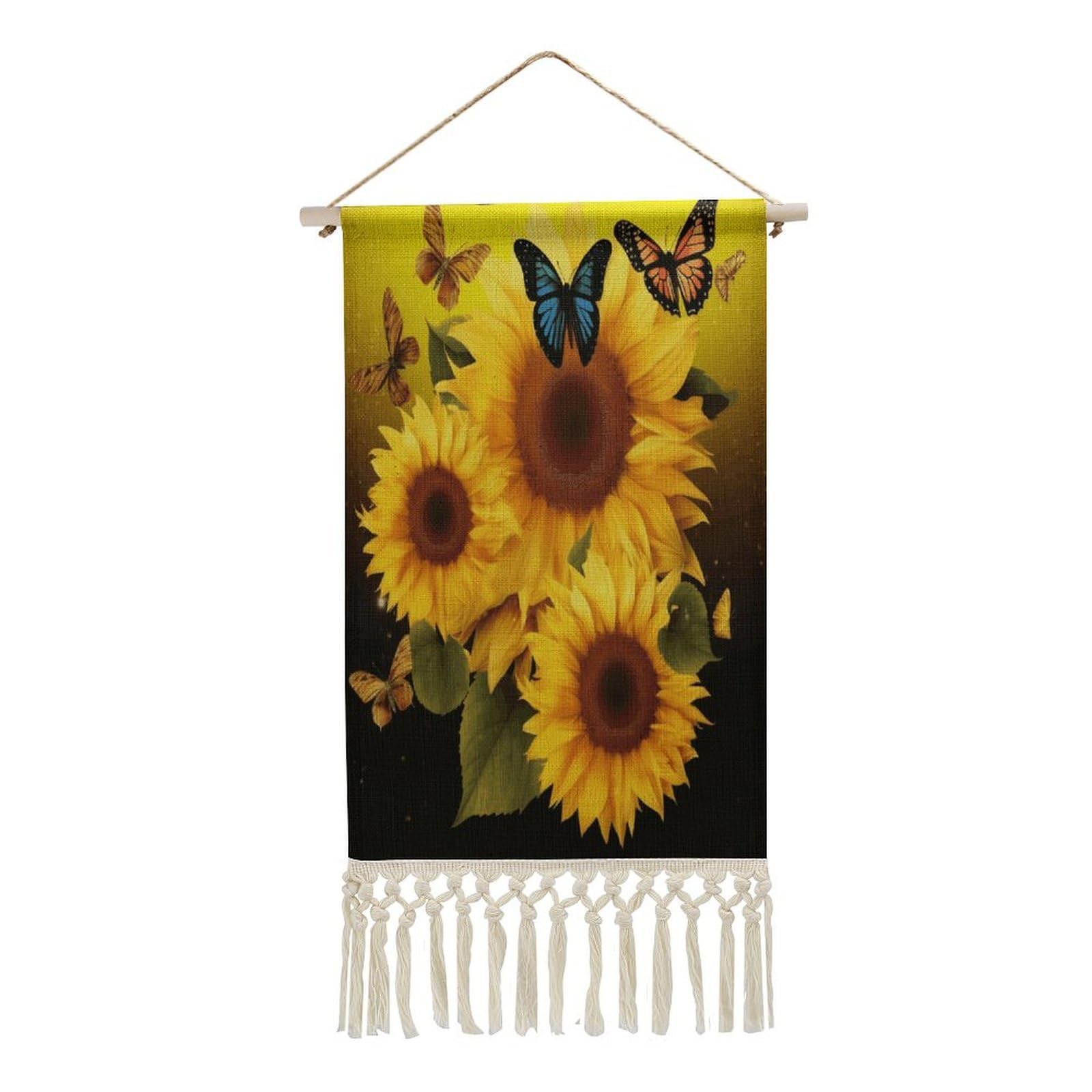 Adfgyerh Style Sunflower Floral Butterflies Art Tapestry With Tassels Cotton And Linen Hanging Posters, Wall Art For Travel Gift, Wall Tapestry For Office Home Decor Bedroom Living Room Decor