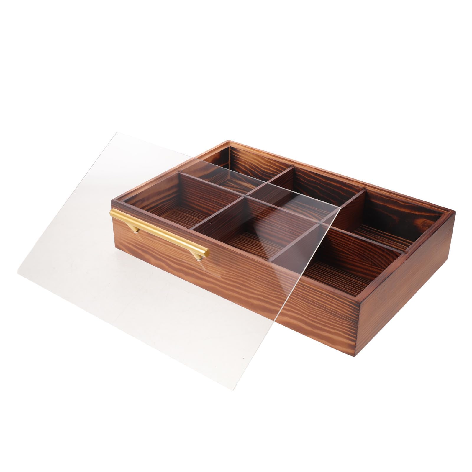 Plateau Compartimenté en Bois avec Couvercle, 6 Sections Marron | Acrylique Transparent, Service Polyvalent pour Restaurants et Événements Extérieurs, Rangement Snacks et Bonbons