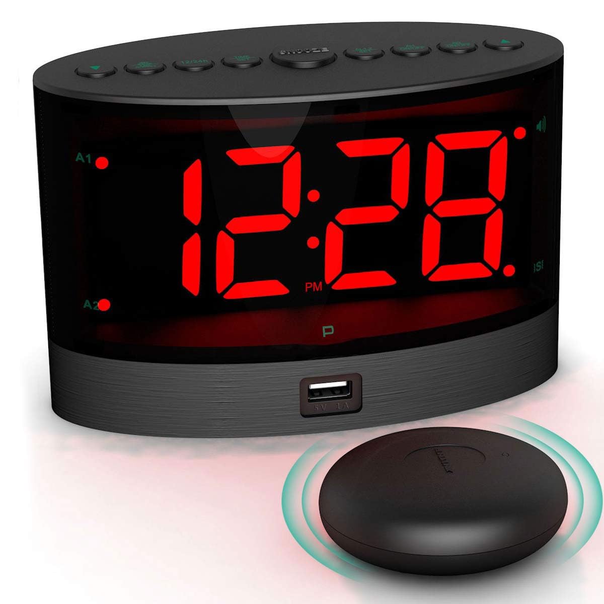 Extra Loud Alarm Clock with Wireless Bed Shaker, Large Screen Vibrating Dual Alarm for Heavy Sleepers, Deaf and Hearing-impaired, Adjustable Volume/Dimmer/Wake up Mode, USB Charger Port (Black)