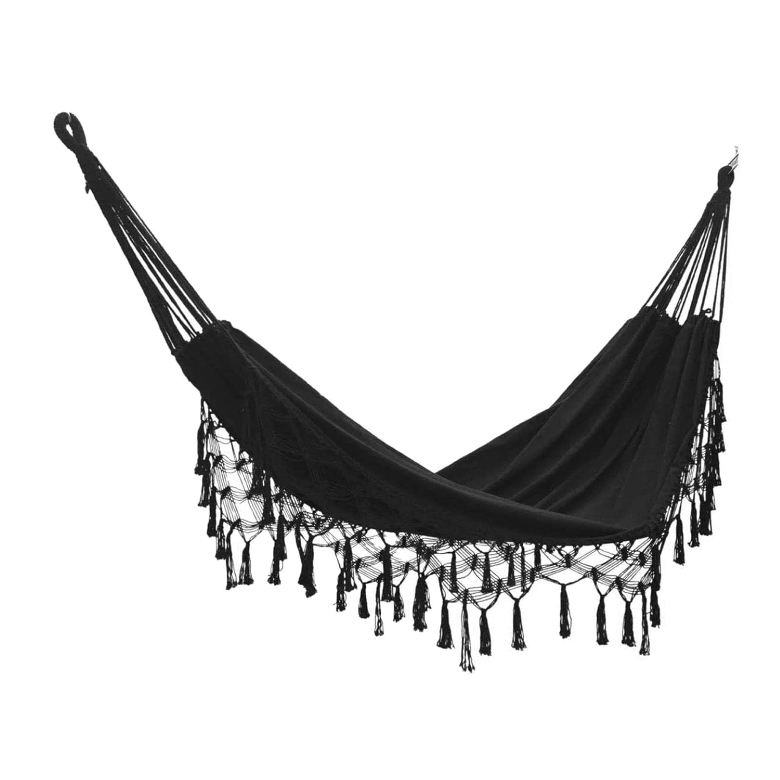 Brazilian Macrame Fringe Hammock 2 Person Hanging Swing net for Travel Porch 78.74 x 59.06in Black