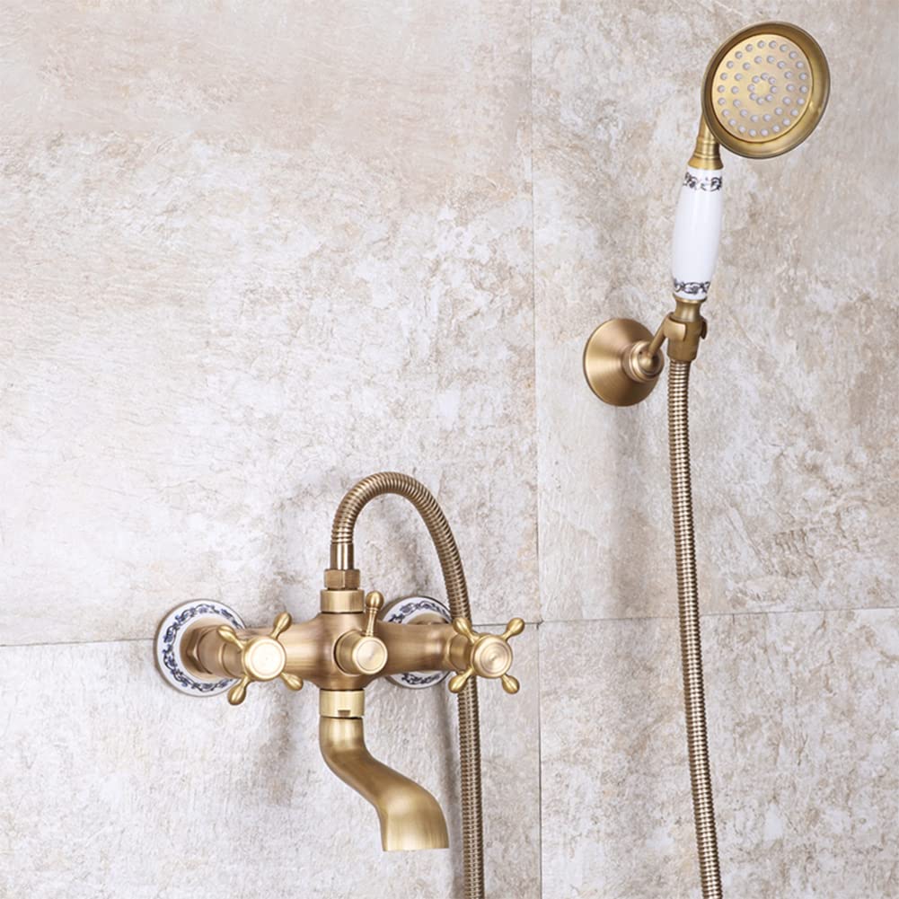 Grifo Bañera Grifo De Ducha En Pared Antiguo Vintage Estilo Latón Dos Asas Mezclador De Baño, Con Ducha De Mano, Manguera Y Soporte, Acabado De Latón Antiguo