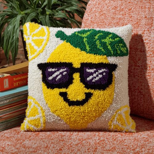 Juego de cojines de nudos para relajarse, kit de cojín de gancho para atar sin estrés, completo con instrucciones y herramientas, para niños y adultos, principiantes, 43 x 43 cm, limón con gafas de