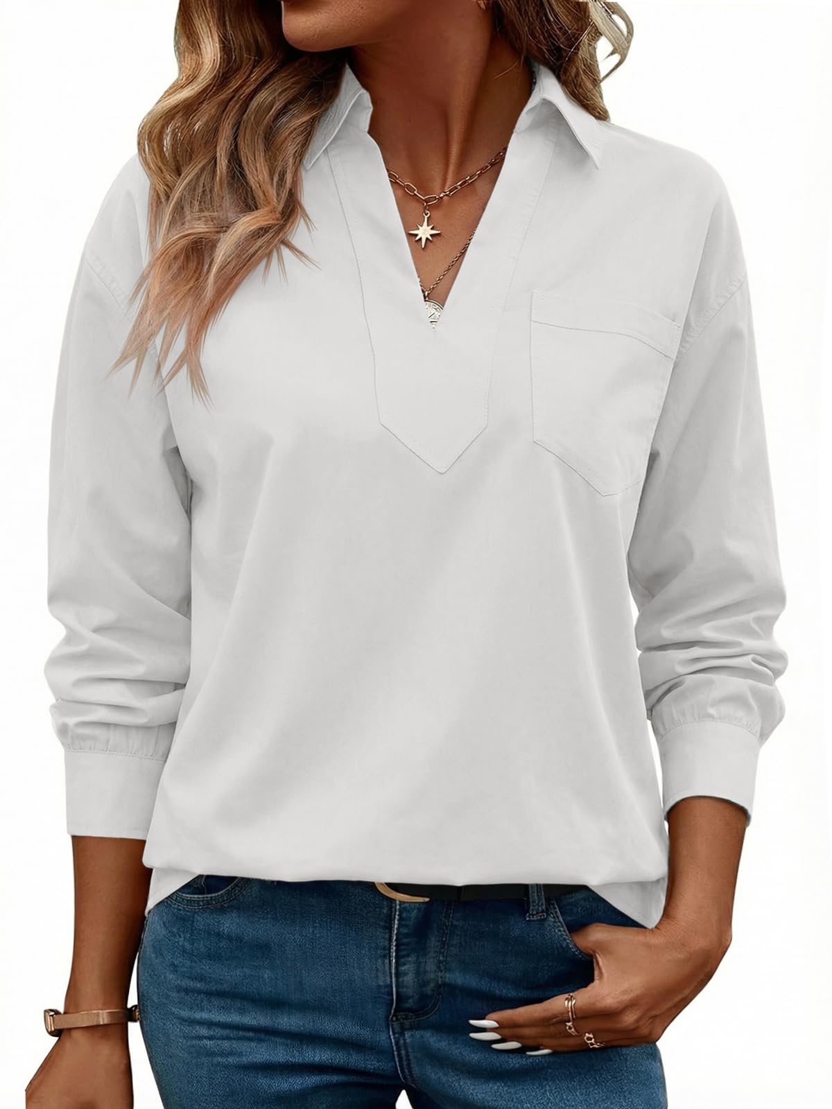 Cicy Bell Langarmshirt Damen V-Ausschnitt Bluse Einfarbig Elegant Oberteile Tunika Lässig Oversized Blusenshirt mit Brusttasche Casual Tops