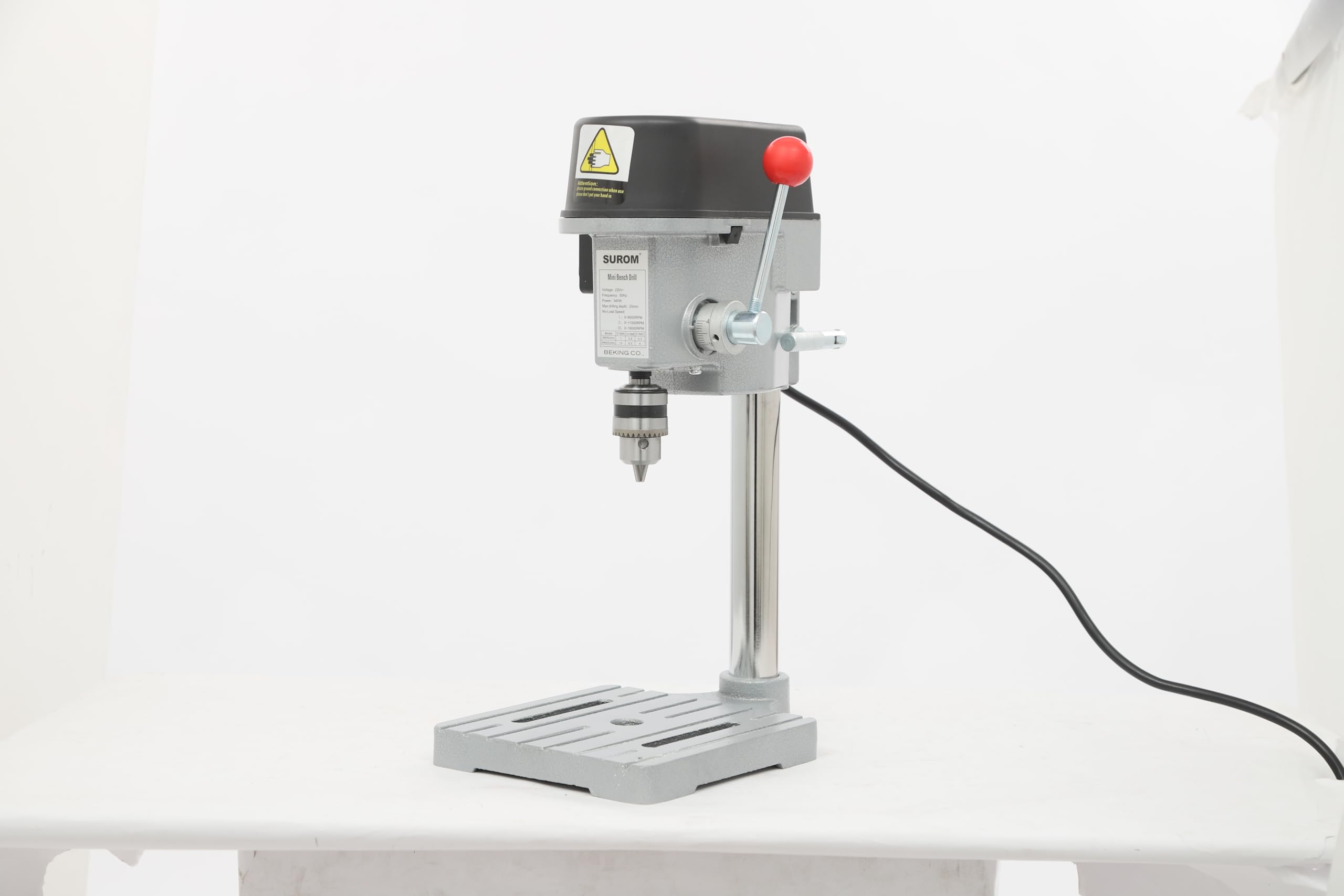 Trapano da tavolo 340 W, precisione a colonna con velocità continua (0-16.000 giri/min) e arresto di profondità, costruzione in ghisa per legno/metallo/plastica, profondità di foratura 25 mm