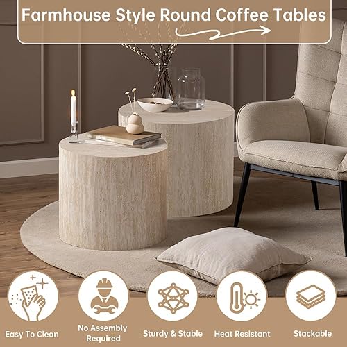 Miniatura 3 de Juego de 2 mesas de centro anidadas redondas modernas, mesa de café pequeña redonda, mesa auxiliar de travertino, mesa de centro pequeña, mesas