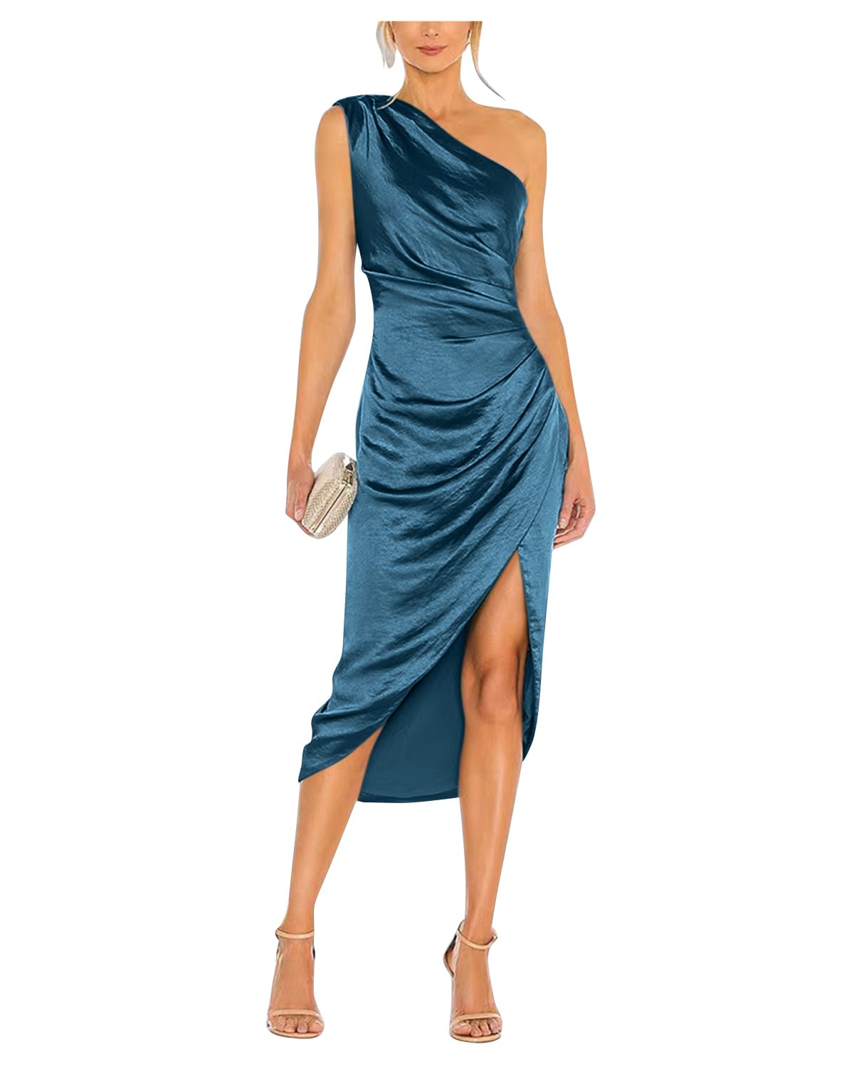 Satin Bridesmaid Dresses for Women One Shoulder Prom Dress Pleated Midi Formal Cocktail Gown Wedding Guest Dress with Slit