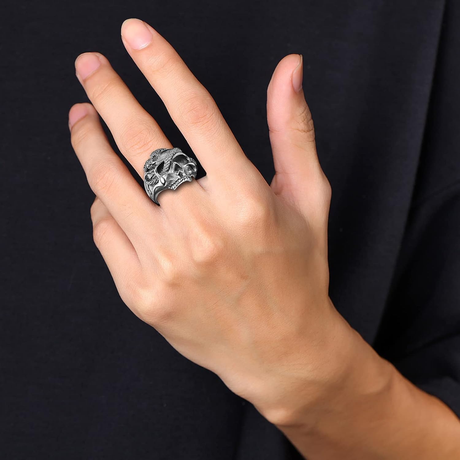 Gothic Skull Snake Band Ring, Stainless Steel Cocktail Party Statement Ring - Image 2
