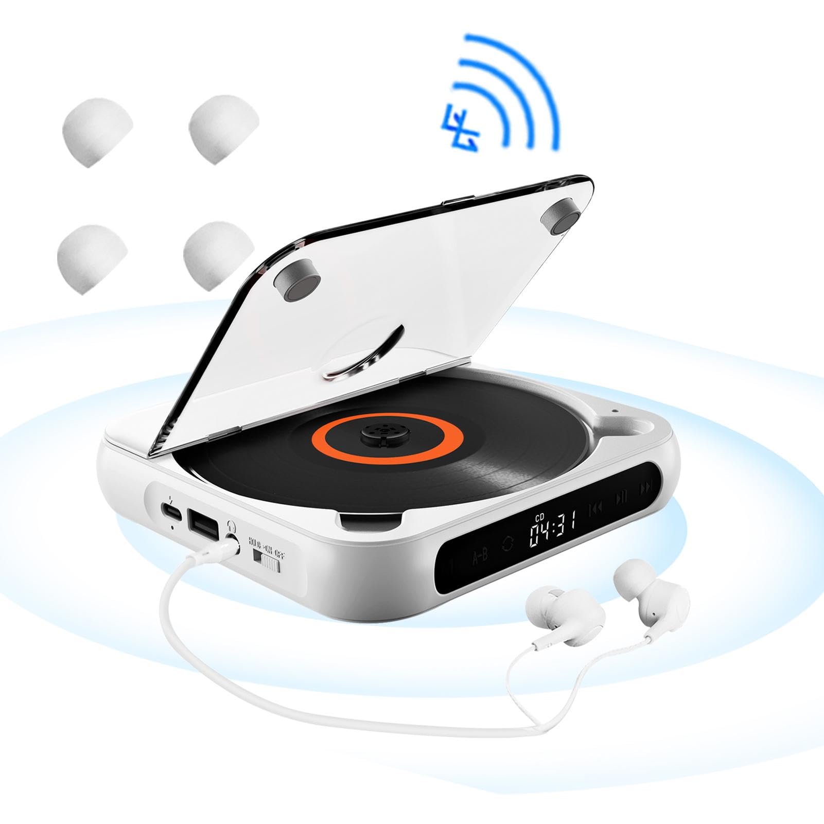 Reproductor de disco pequeño, reproductor de disco táctil inalámbrico de | escritorio con auriculares, reproductor de música recargable, reproductor de disco compacto personal antigolpes, para el hoga