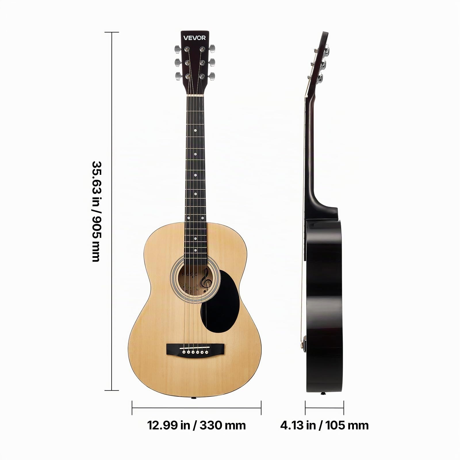 VEVOR Chitarra Acustica Dreadnought 914,4 mm Chitarra Acustica a 6 Corde con Tavola Armonica in Massello Naturale, Custodia Morbida, Accordatore, Tracolla, Corde in Acciaio, Tastiera in Palissandro