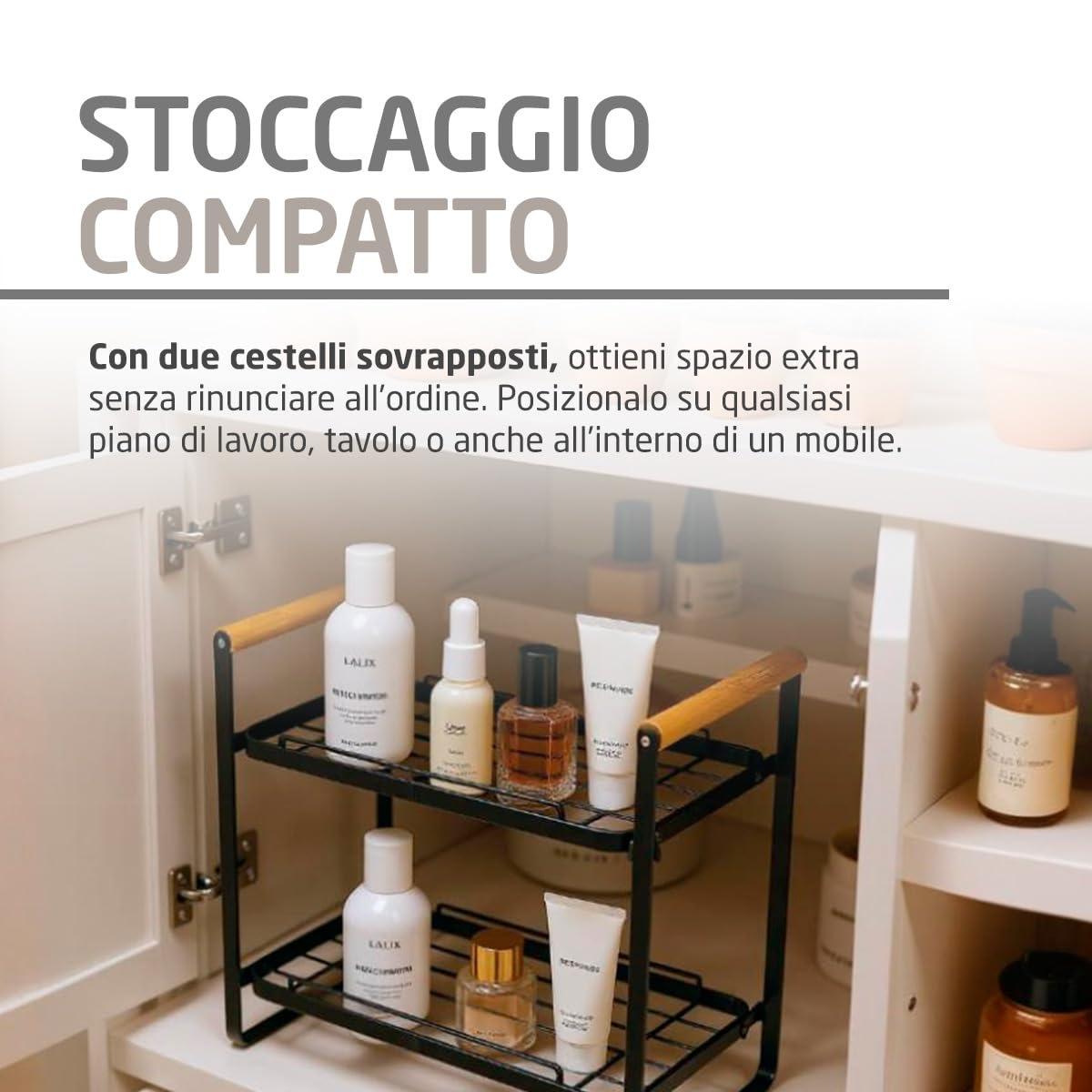 Amig - Scaffale Portatile a 2 Livelli - Organizer per Cucina o Bagno - Acciaio Nero e Bambù - Dimensioni: 260 x 130 x 287 mm
