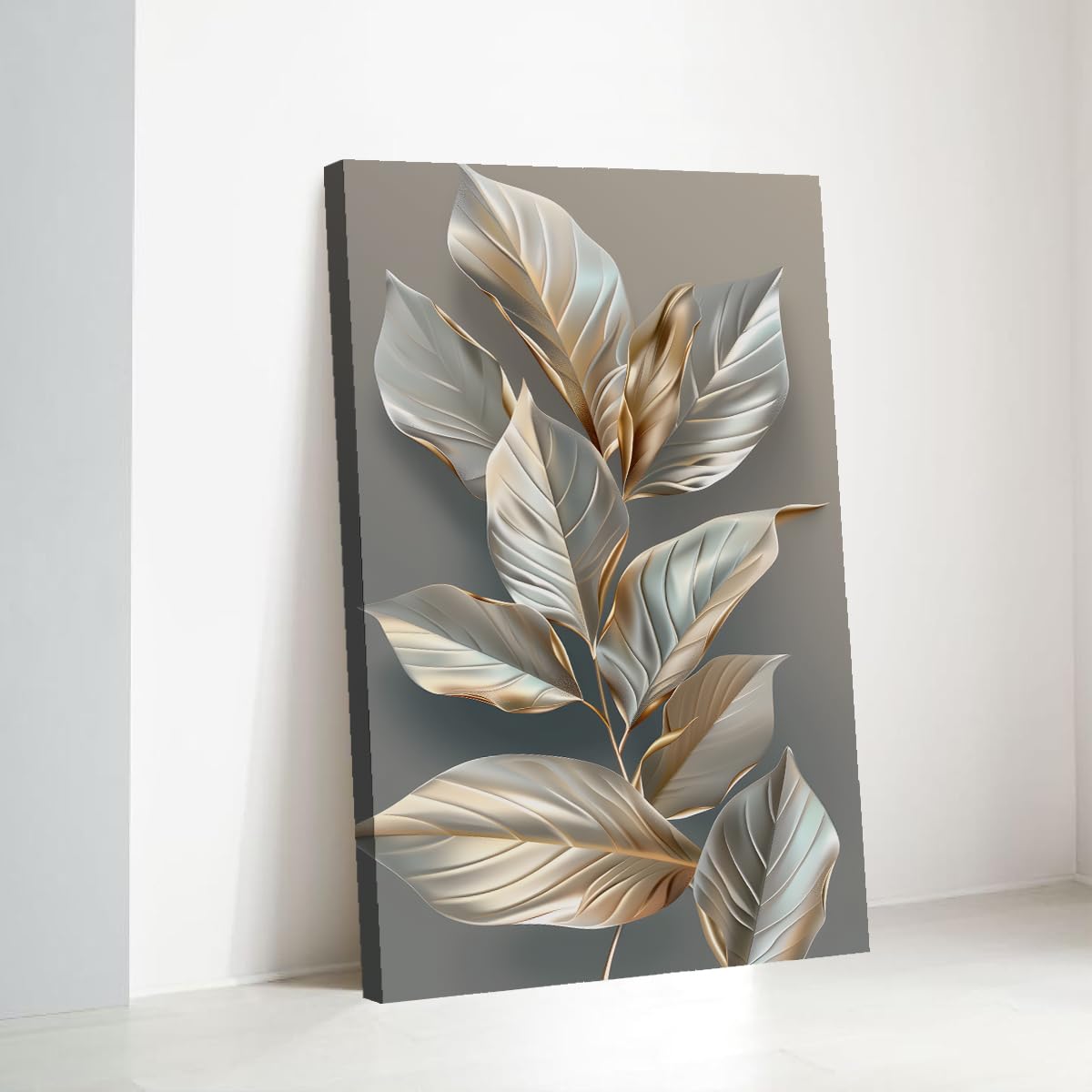 TOANGWALL Hojas de plata doradas Arte mural de lienzo Elegantes grabados botánicos Mural de naturaleza Cartel contemporáneo de hojas Pintura para la decoración interior del dormitorio 65x110cm