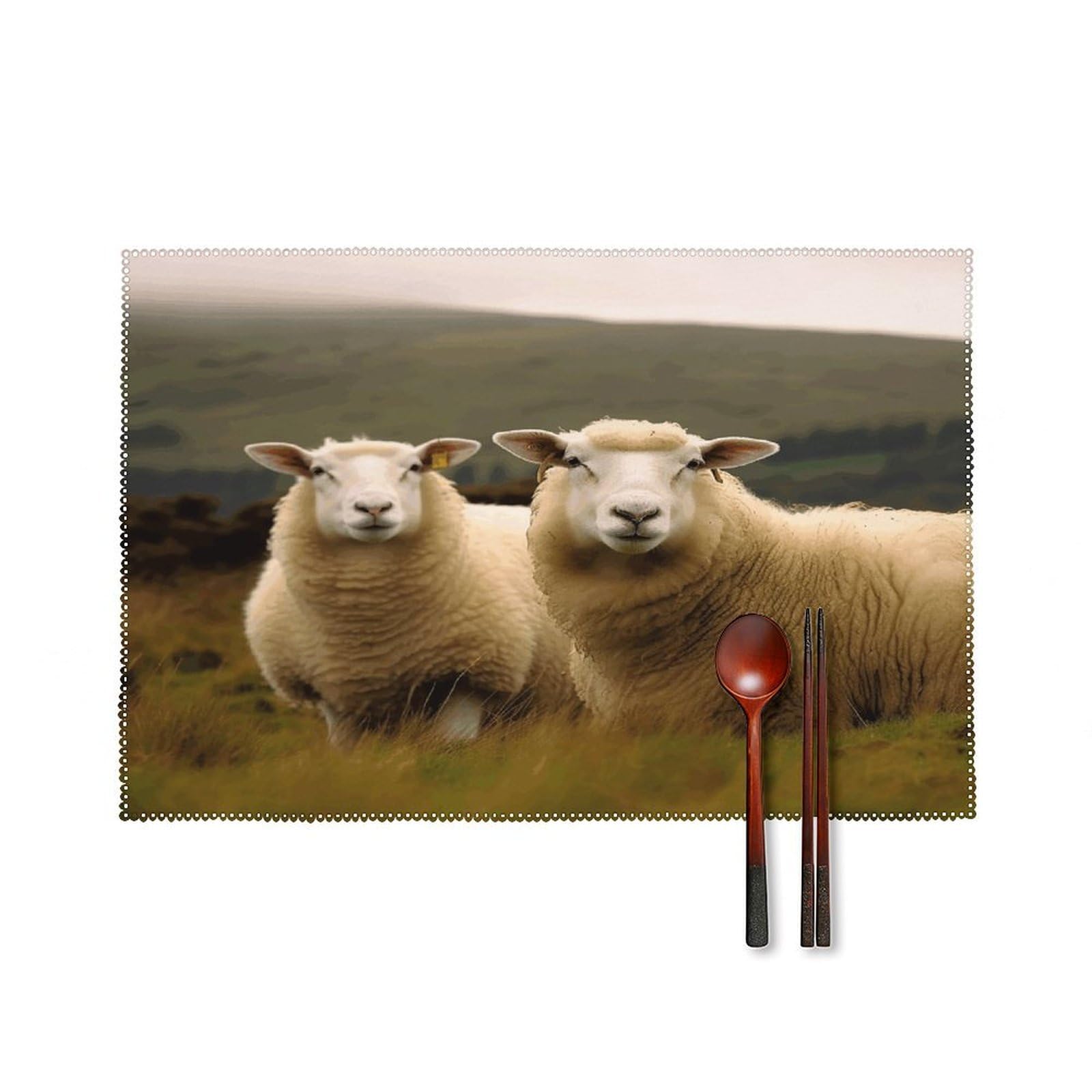 Two White Sheep Placemats Set of 4 Heat Resistant Non-Slip Place Mats for Dining Table Washable Placemat Wipeable Dining Table Mat Canvas Place Mats Dining Table Decor