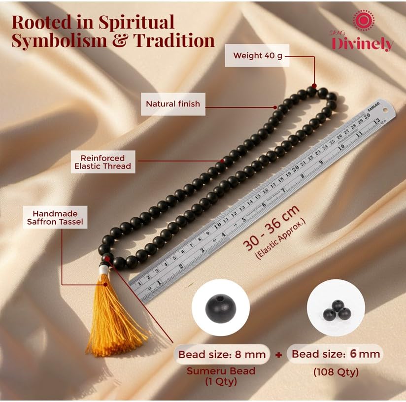 Divinely 100% Natural Unpolished Karungali Malai Original 6mm | Certified Elastic Thread Karungali Mala Original | Black Ebony Wood Necklace for Spiritual Growth & Meditation 3