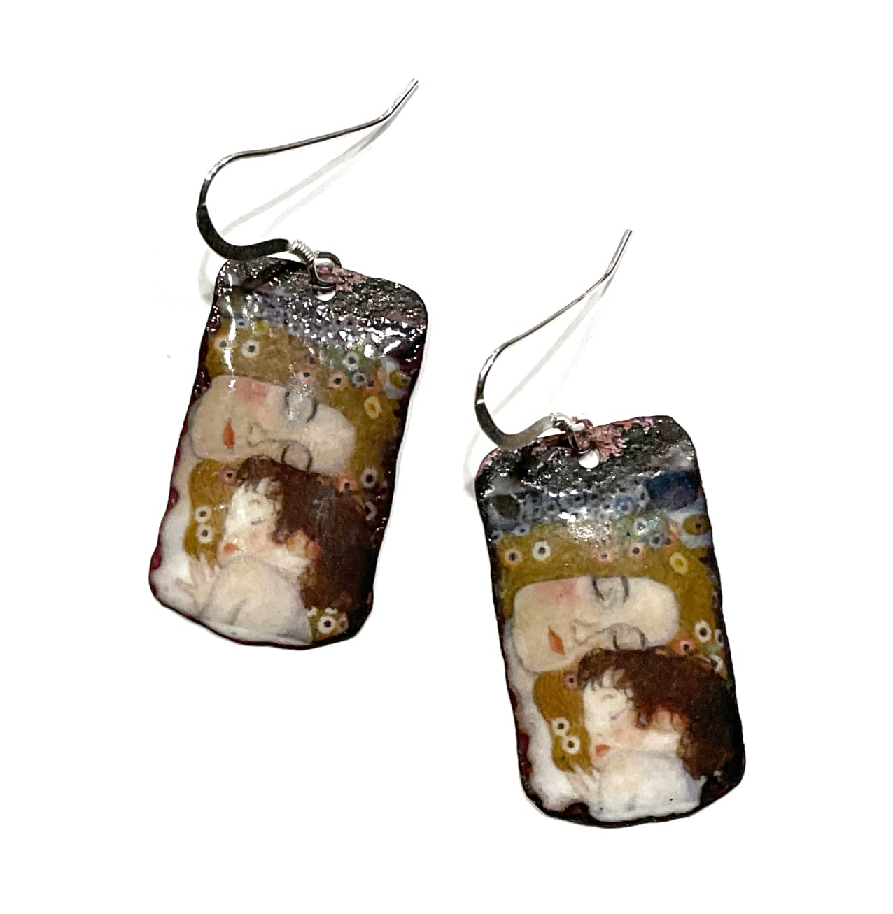 Mother and Baby Enamel Earrings, Artisan Handmade Sterling Silver Earrings, Gustave Klimt Art Earrings, Drop Floral Hand made in the USA, One of a kind Hot Enamel 925 silver Jewelry by Annaart72