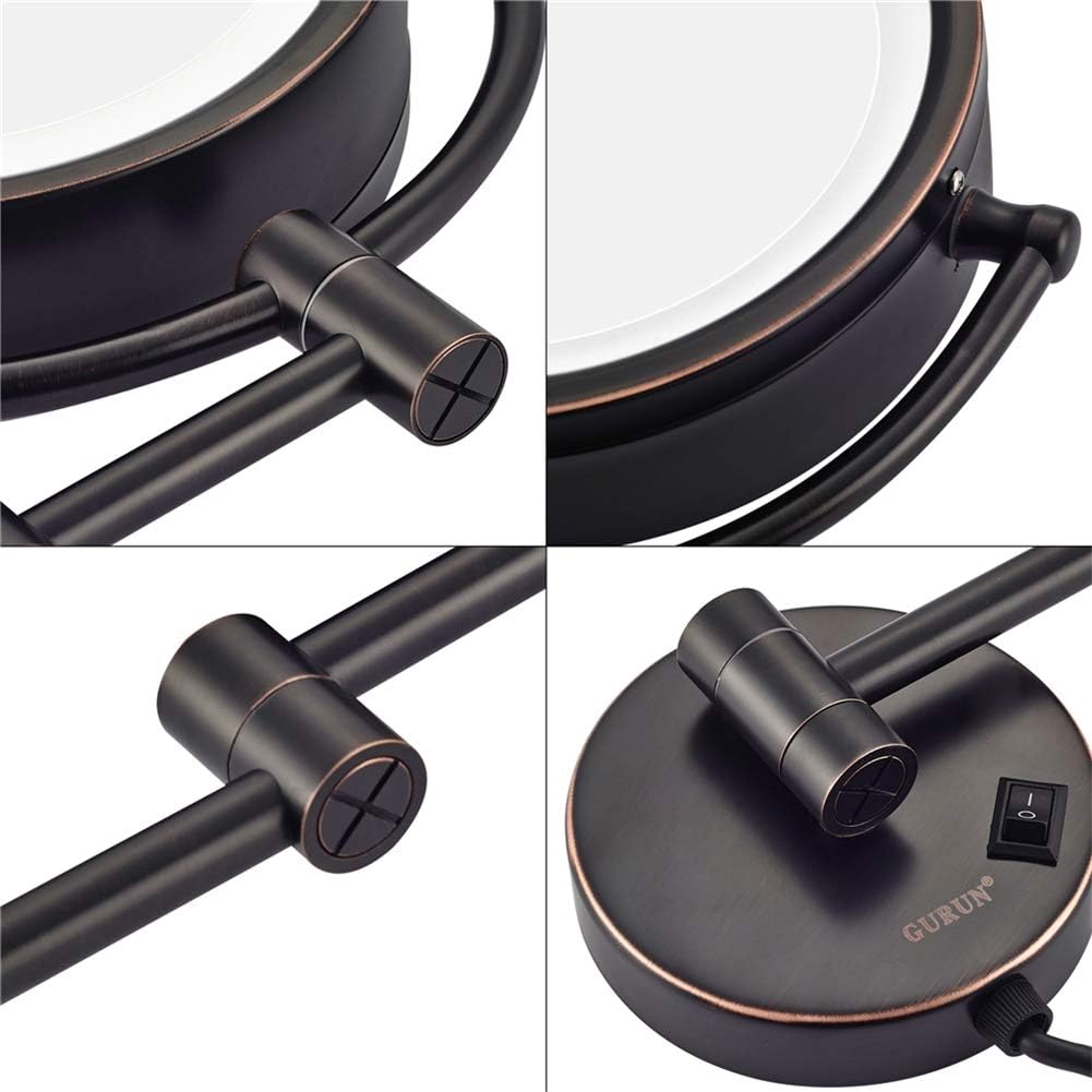 LED Makeup Mirrors Wall Mounted, 8.5 inch Black Double Sided Bathroom Brass Lighted Magnify Folding Extendable Vanity Mirrors with Lights, with Switch Electrical Plug,7X