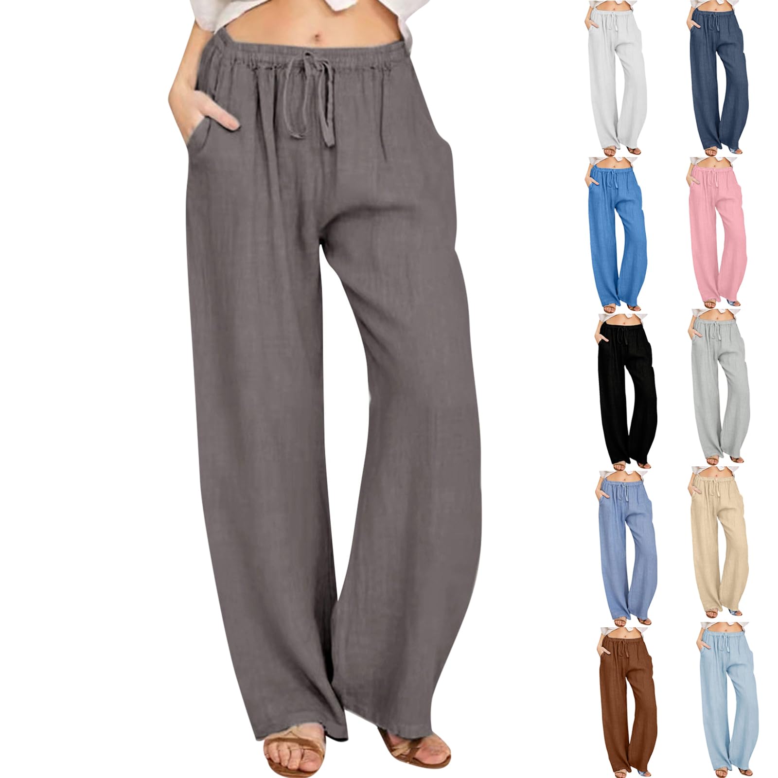 Summer Pants for Women Casual 2024 Summer Drawstring Elastic High Waist Linen Pant Straight Wide Leg Cropped Trousers